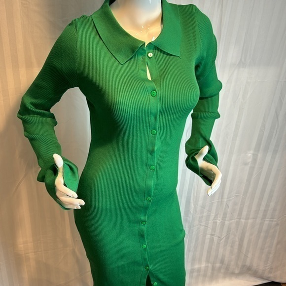 Micas Green Rib Knitted Collared Button Strips Flared Dress Size Large RefI027 - Picture 10 of 17